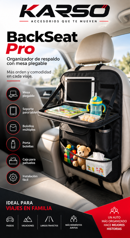 KARSO BackSeat Pro - organizador de respaldo con mesa plegable