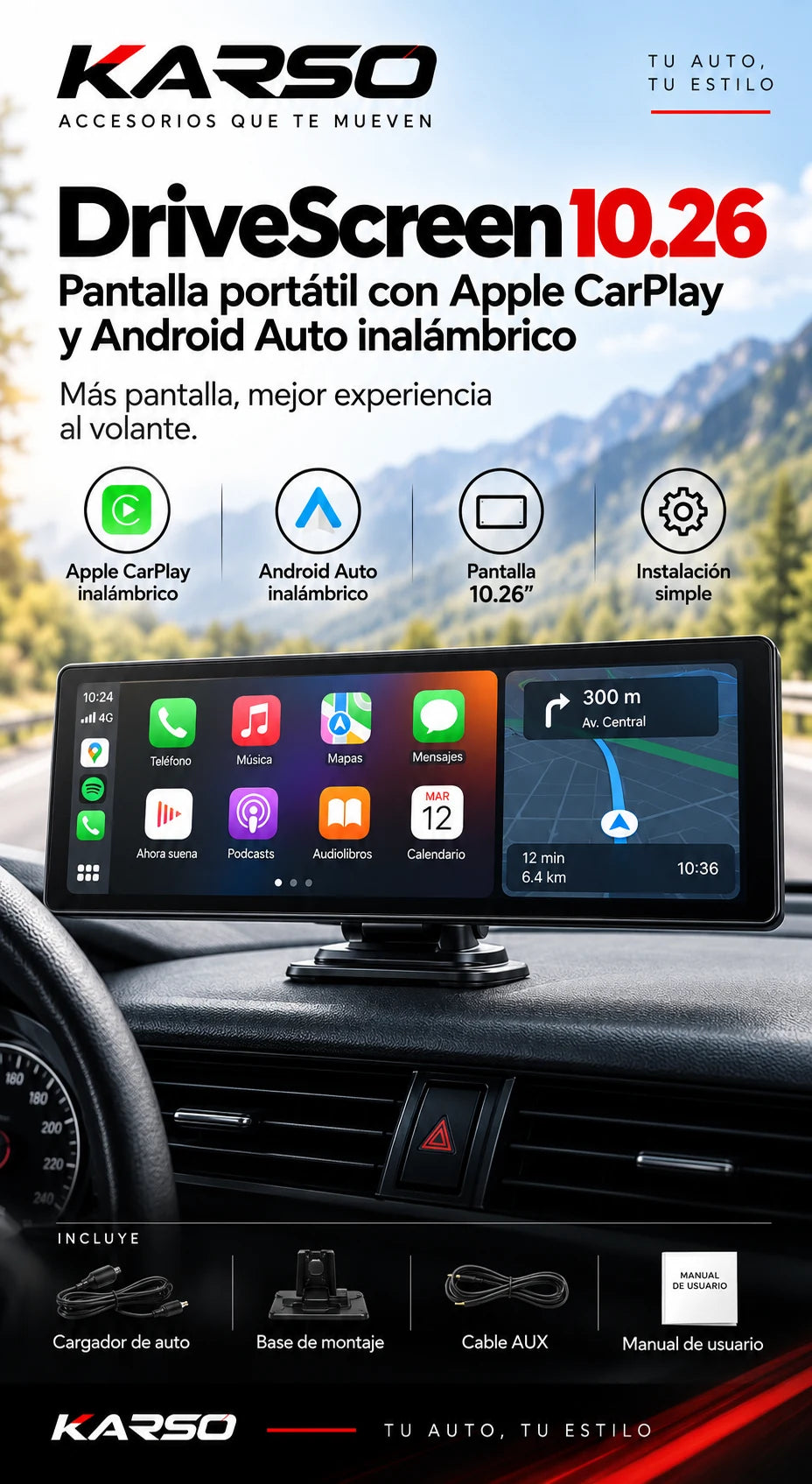 KARSO DriveScreen 10.26 - CarPlay y Android Auto inalámbrico