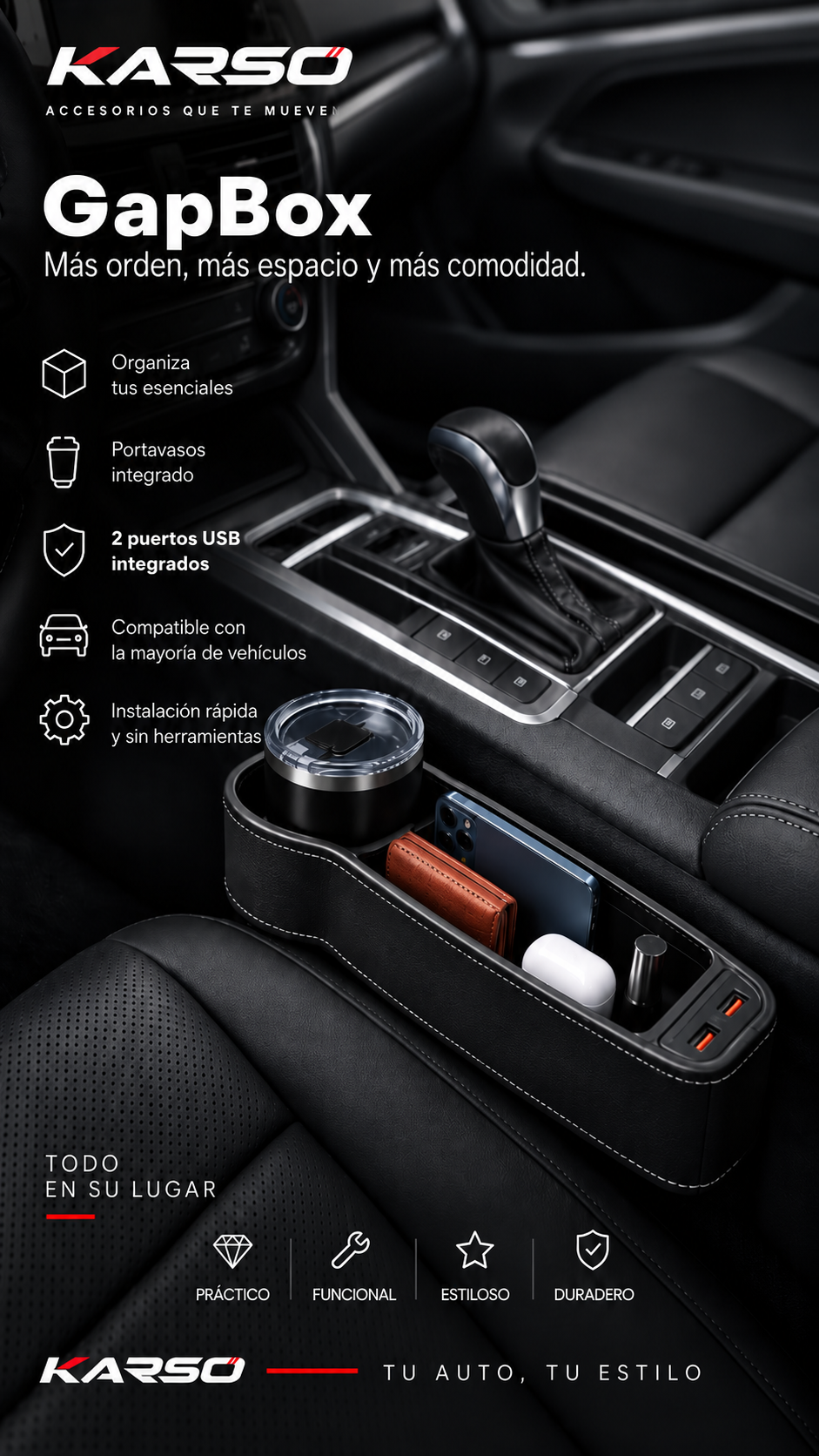 KARSO GapBox - organizador lateral de asiento con 2 puertos USB